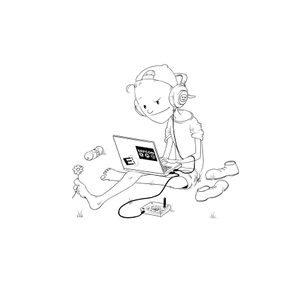 Pencil drawing of a kid using a laptop and radio.